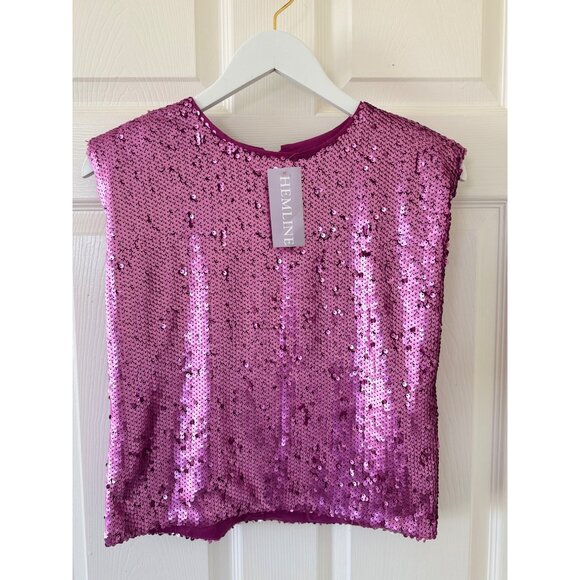 Hemline Hausen Pink Sequin Structured Shoulder Pad Blouse L NWT Festival Boho - Picture 9 of 16